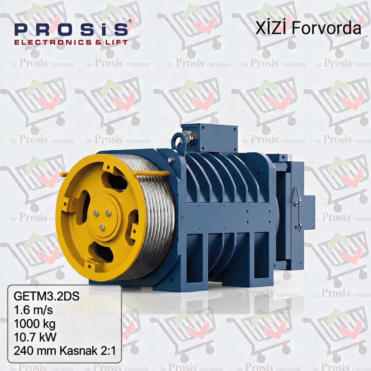 GETM3.2DS 1.6 m/s 1000 kg 10.7 kW 240 mm Kasnak 2:1 Askı Dişlisiz Asansör Motoru