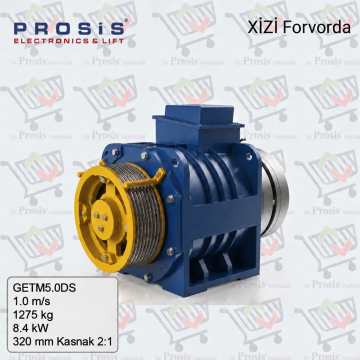 GETM5.0DS 1.0 m/s 1275 kg 8.4 kW 320 mm Kasnak 2:1 Askı Dişlisiz Asansör Motoru