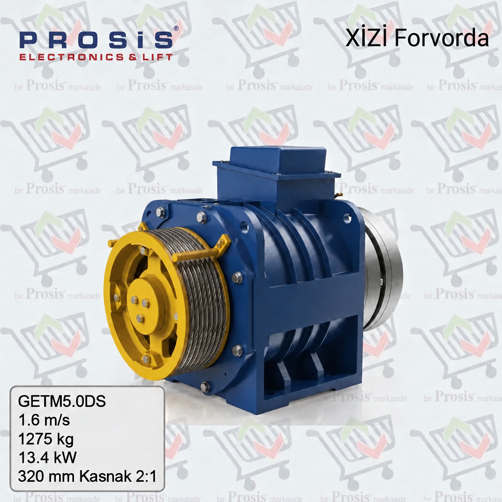GETM5.0DS 1.6 m/s 1275 kg 13.4 kW 320 mm Kasnak 2:1 Askı Dişlisiz Asansör Motoru